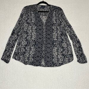Lucky Brand Navy Cream Boho Peasant Blouse Large Flowy V-Neck Patterned Top